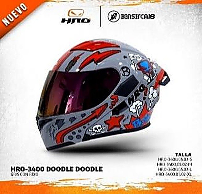 Casco HRO DOODLE DOODLE GRIS CON ROJO  DISEÑO BRILLANTE